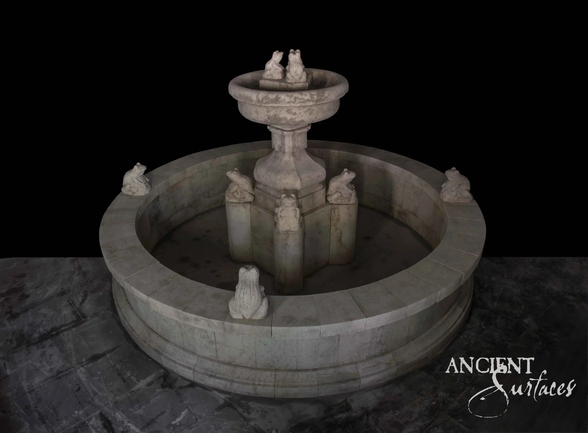 Reclaimed limestone frog fountain from Ancient Surfaces with eight carved stone frogs around a wide circular basin and upper dish