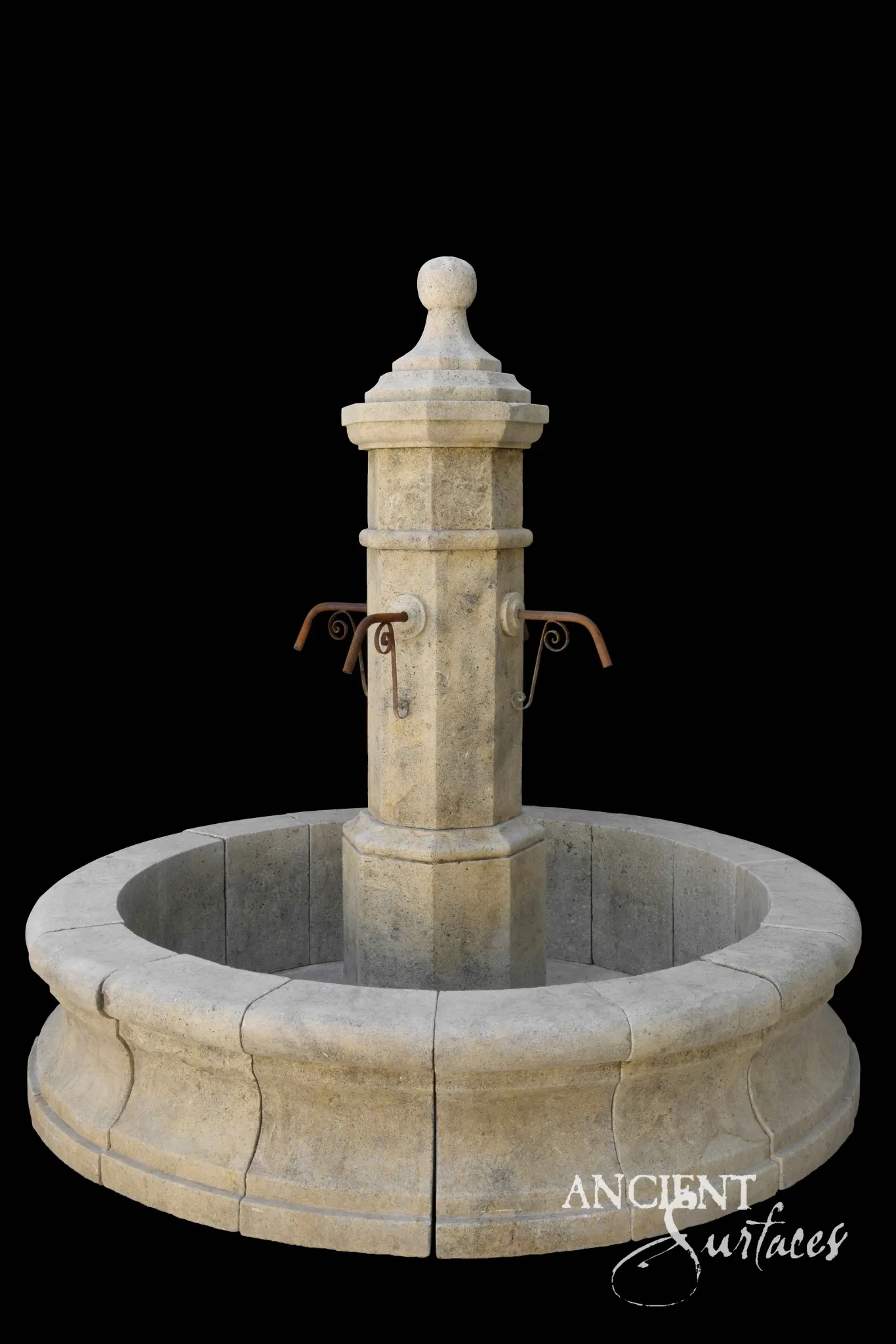 Reclaimed round limestone village fountain from Ancient Surfaces with a banded centre pillar, ball finial and scrolled iron spouts