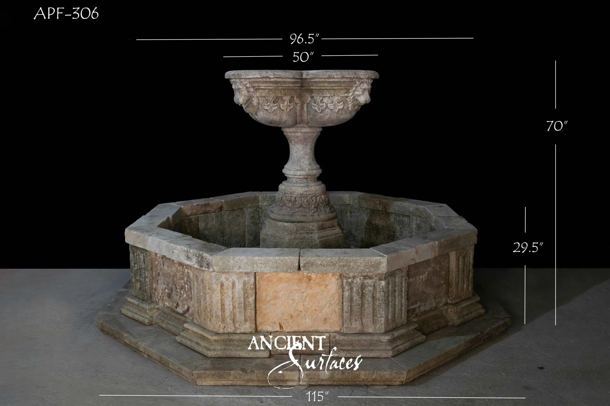 Grand reclaimed limestone pool fountain from Ancient Surfaces with a carved urn bowl on a ten sided basin, shown with dimensions
