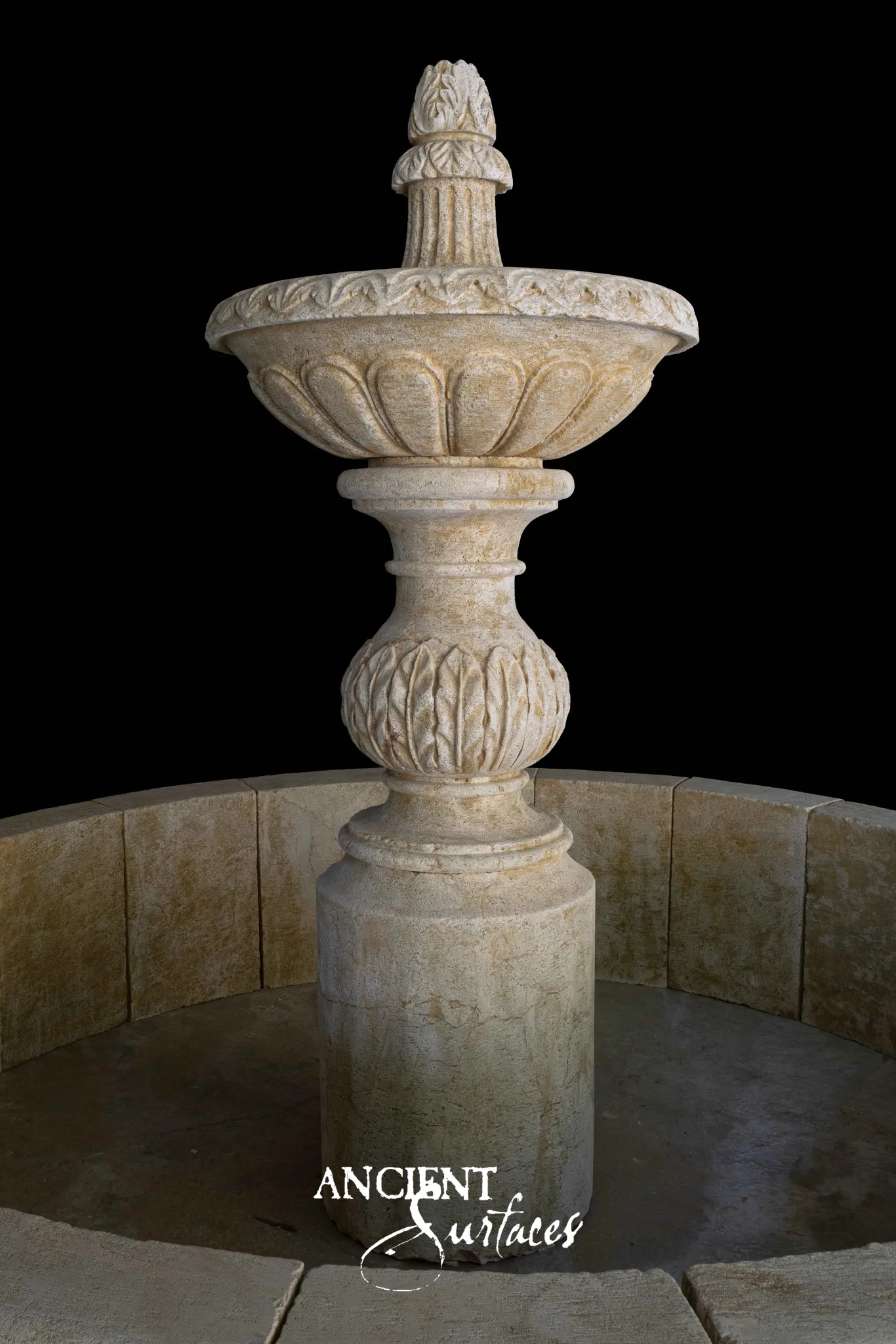 Reclaimed antique limestone fountain bowl from Ancient Surfaces carved with gadroons, acanthus and a pinecone finial